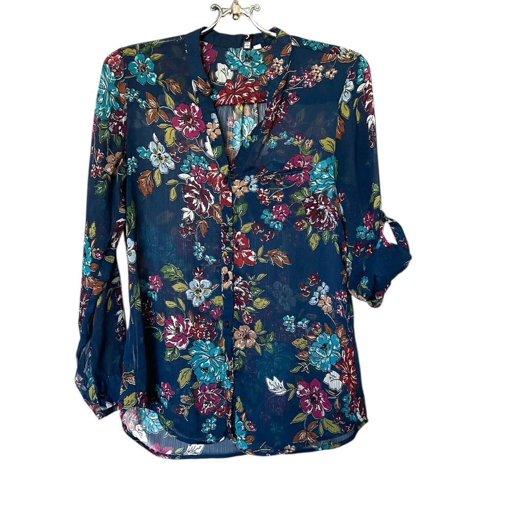 Kut From the Kloth Long Sleeve Sheer Blue Floral Print Blouse Size S